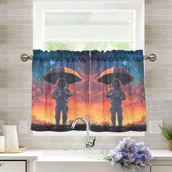 Yayeee Kitchen Curtains Tier Pair Light Filtering 27"x36" Rod Pocket Short Cafe Window Panel, Astronaut at Dawn