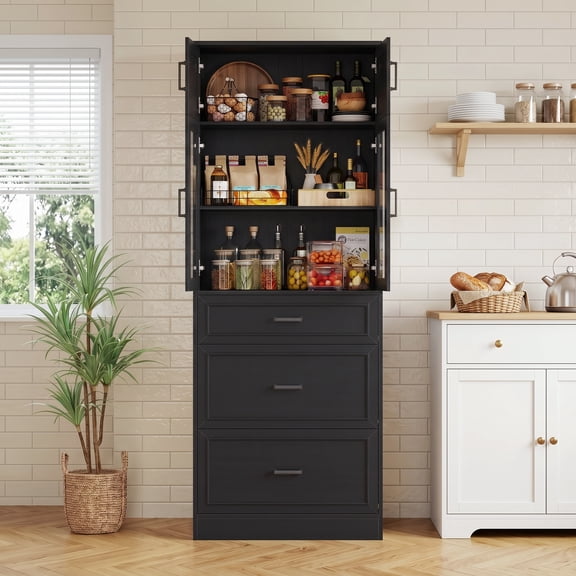 Homieasy 80" Tall Black Kitchen Pantry Cabinet with Glass Doors, 3 Drawers & Adjustable Shelves - Versatile Storage Cupboard for Kitchen, Dining, Living Room, Bathroom