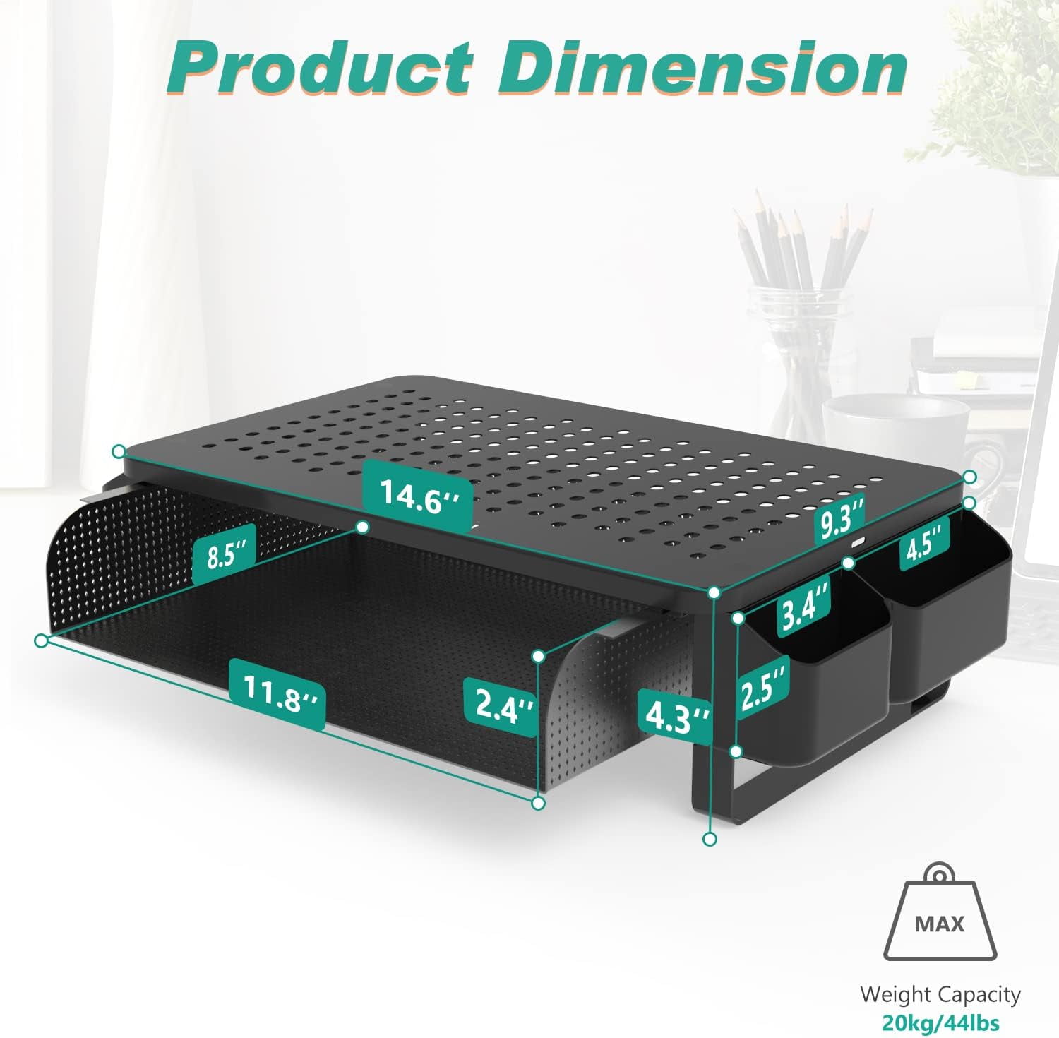 LUFF Monitor Stand Riser with Pullout Storage, Desk Organizer with Ventilation Drawer, Desktop Computer Stand with Pen Holder for Laptop, Computer, iMac, Black