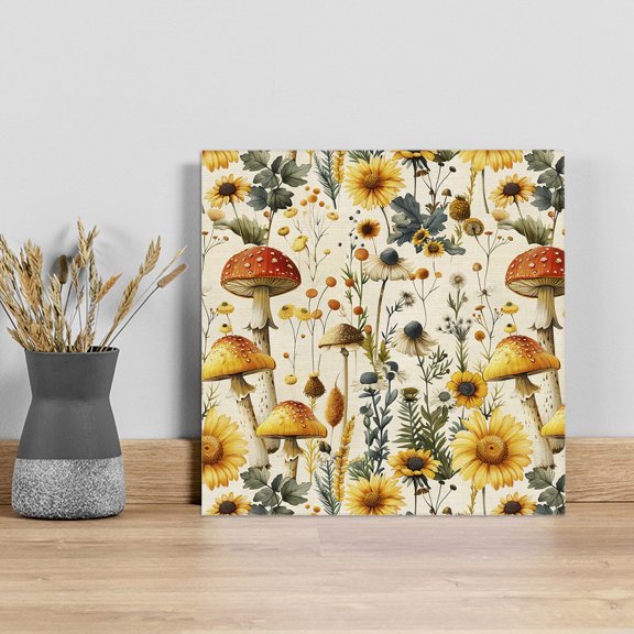 Mushroom Wall Art Painting on Canvas, Sunflowers Spring Floral Summer Botanical Canvas Art Home Prints Wall Art Framed Modern Artwork for Living Room Bedroom Wall Decor 8x8in