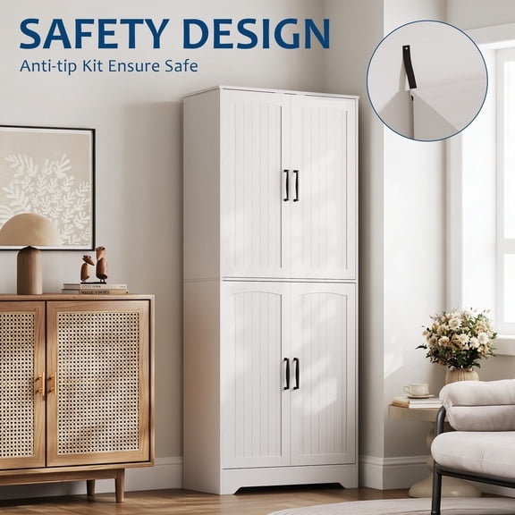 PYY Farmhouse 71" Tall Kitchen Pantry Storage Cabinet - White Wooden Cupboard with 4 Doors & Adjustable Shelves - Freestanding Organizer for Dining, Living, Bath, Home Office or Laundry - White