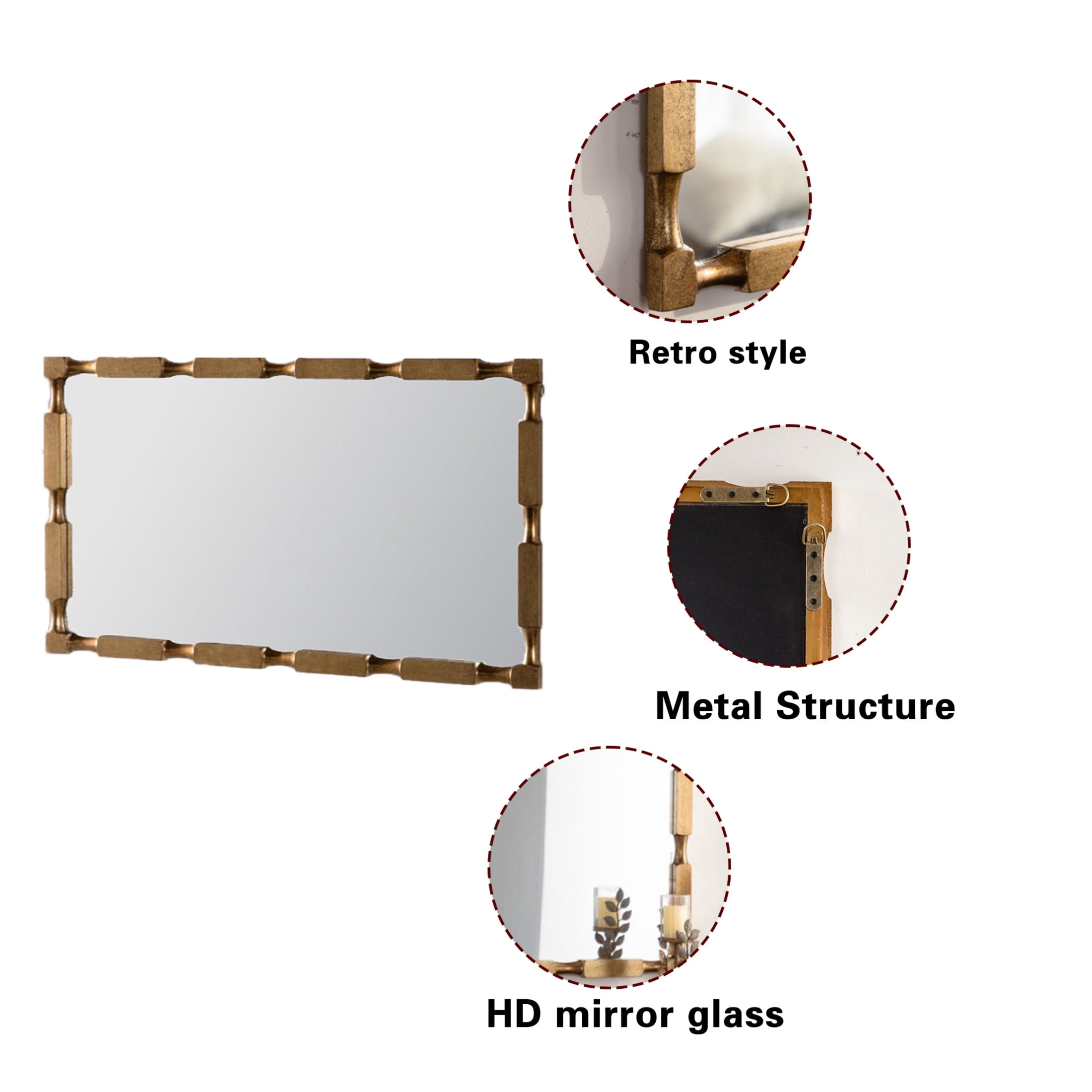 Noble House Valmont Bamboo Rectangular Wall Mirror, Textured Modern Frame for Entryway, Living Room, Gold