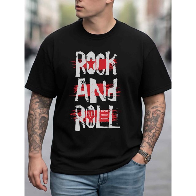 T-shirt Homme Rock YK Graphique / 80GSM Lourd Noir Rétro Musique avec Lettre Rock Graphique Décontracté Col Rond Manches Courtes
