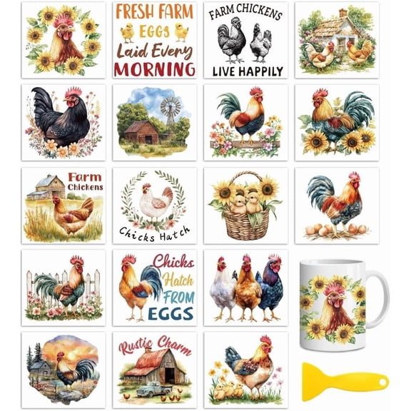 18 Sheets Rub On Transfers for CraftsFarm Chicken UV DTF Cup Wrap Waterproof Cold Transfers Stickers for Wood Glass Home Decor 3.6 * 3.9inch