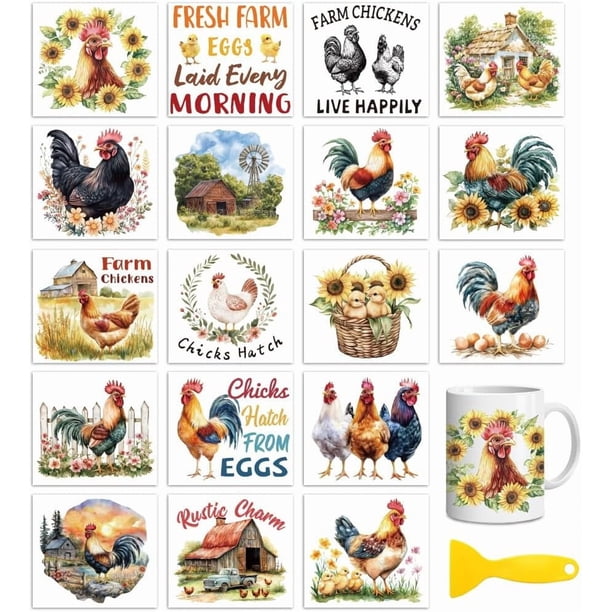 18 hojas de transferencias para manualidades, diseño de granja, pollo, UV, DTF, para envolver tazas, impermeables, para madera, vidrio, decoración del hogar, 3,6 x 3,9 pulgadas