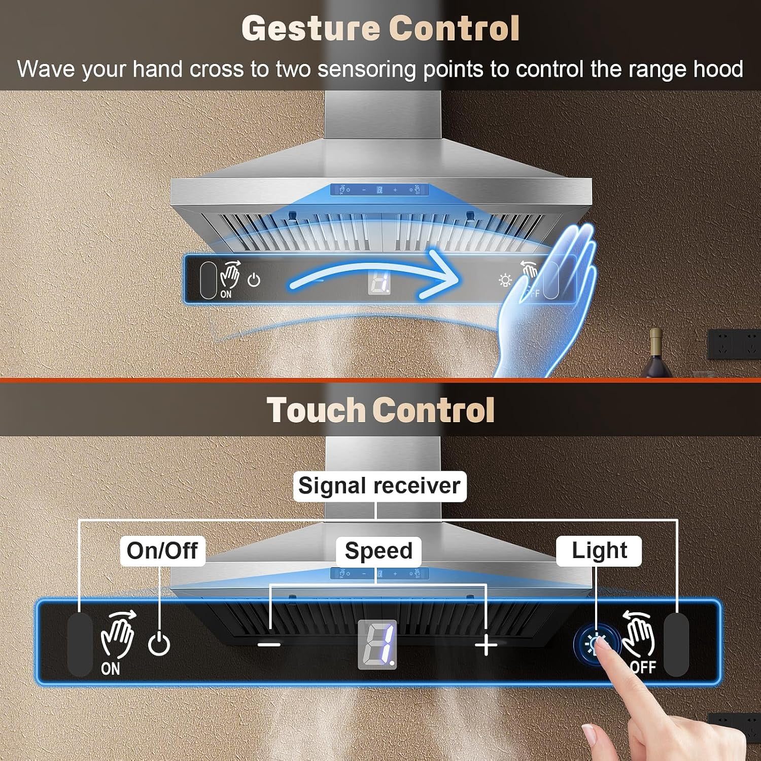 Joeaonz 24-Inch Wall Mount Range Hood Stainless Steel with Filters, 450 CFM, 120V, Touch Gesture Control, 3-Speed
