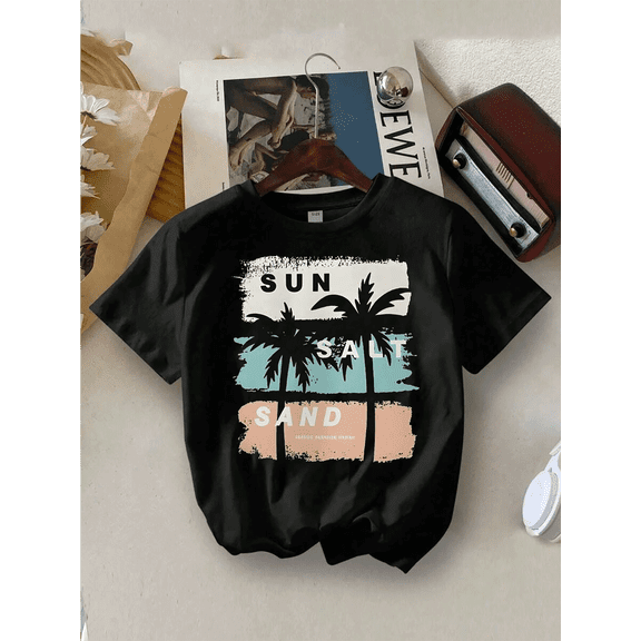 children’s wear Retro Sun Salt Sand Palm Tree Summer Beach Graphic T-Shirt for Kids Boys Girls Toddler