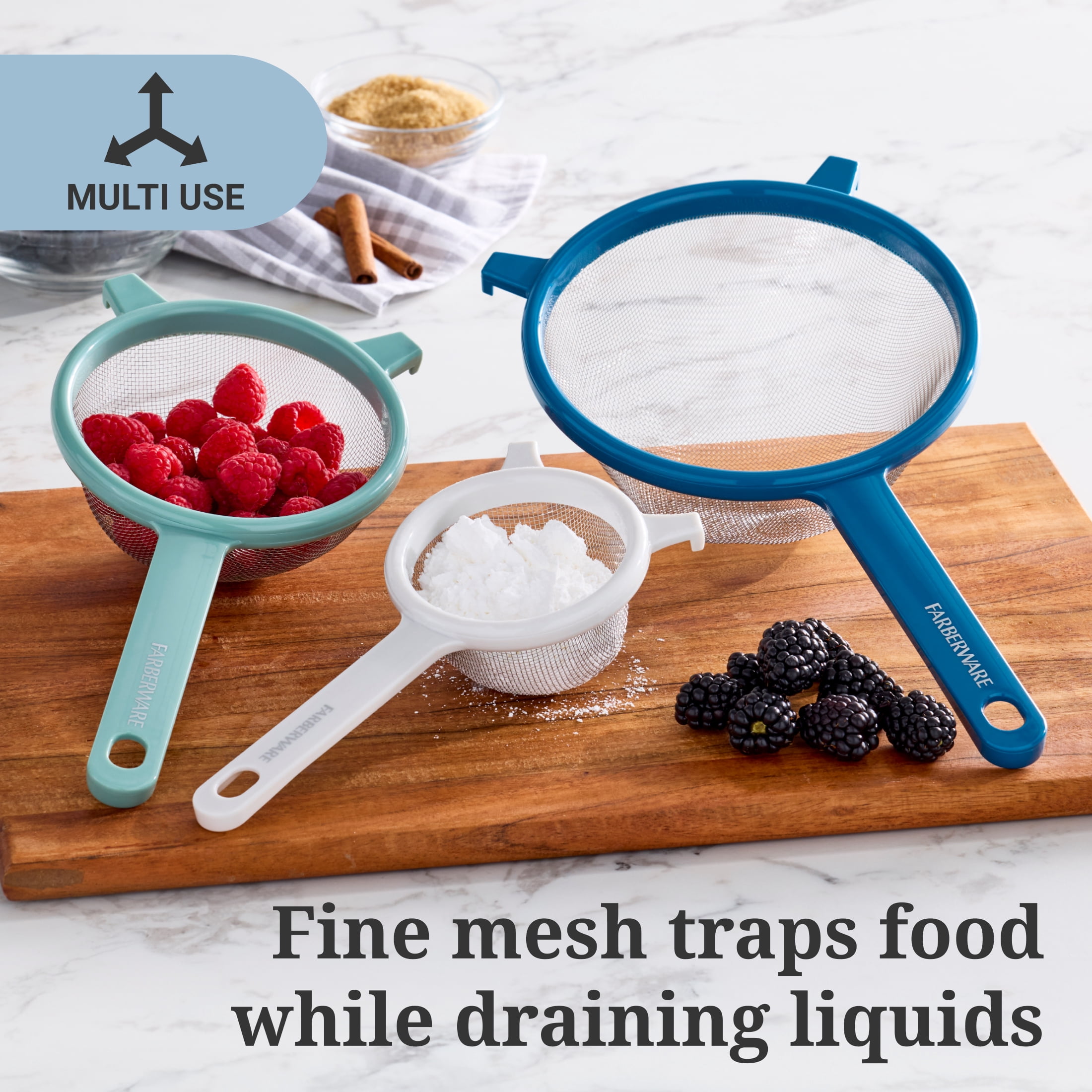 Farberware Professional Fine Mesh Strainers in Blue, Sage, & Gray, Set of 3
