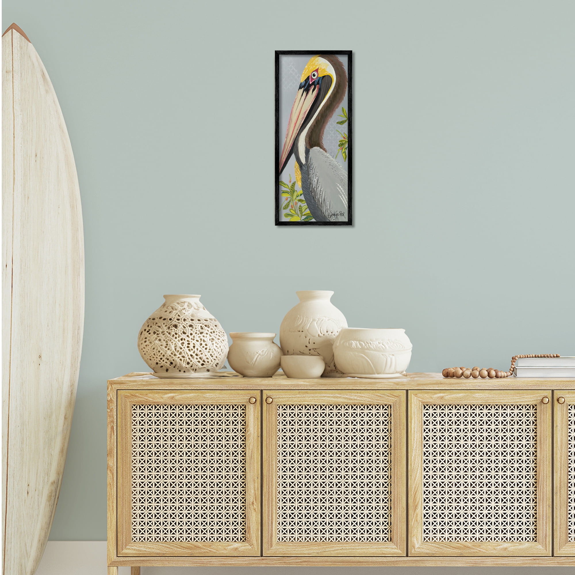 Stupell Industries Pelican on Grey Animals & Insects Painting Black Framed Art Print Wall Art, 10 x 24