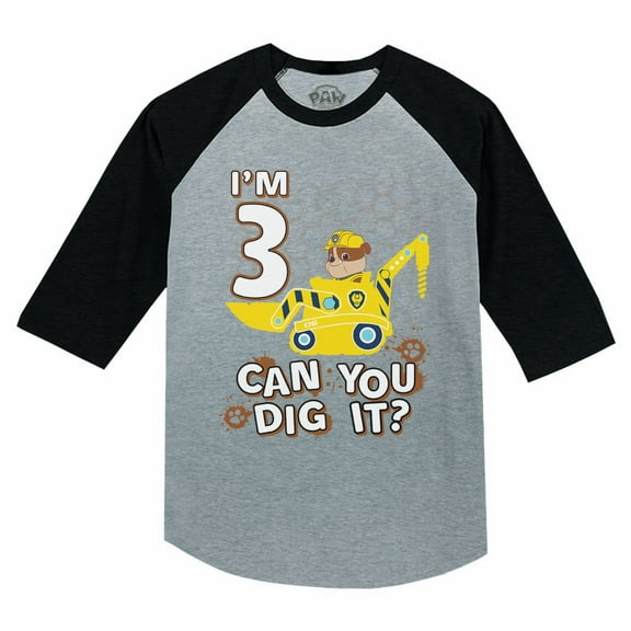 Tstars Boys Unisex 3rd Birthday Gift Shirt Birthday Gift for 3 Year Old Paw Patrol Rubble Tractor Birthday Shirts for Boy B Day Birthday Party 3-4 Sleeve Baseball Jersey Toddler Shirt