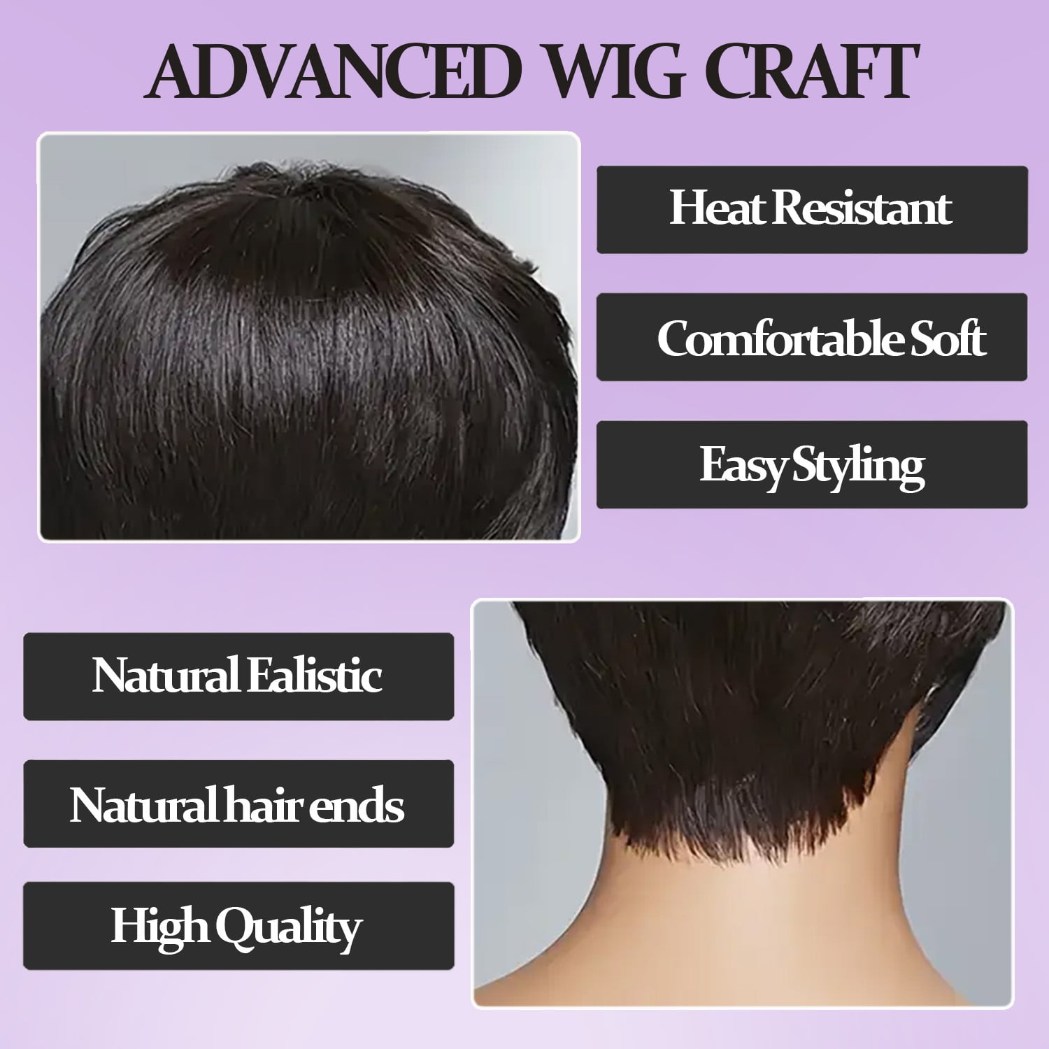 EAEABJ Short Pixie Cut Human Hair Wig with Bangs, Natural Black Straight Layered Glueless