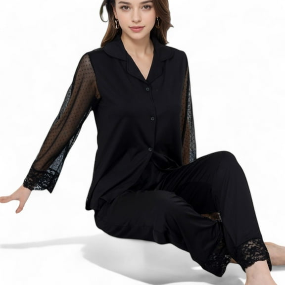 Women's Lace Detail 2-Piece Sleepwear Set with Soft Fabric and Relaxed Fit - X Large, Black
