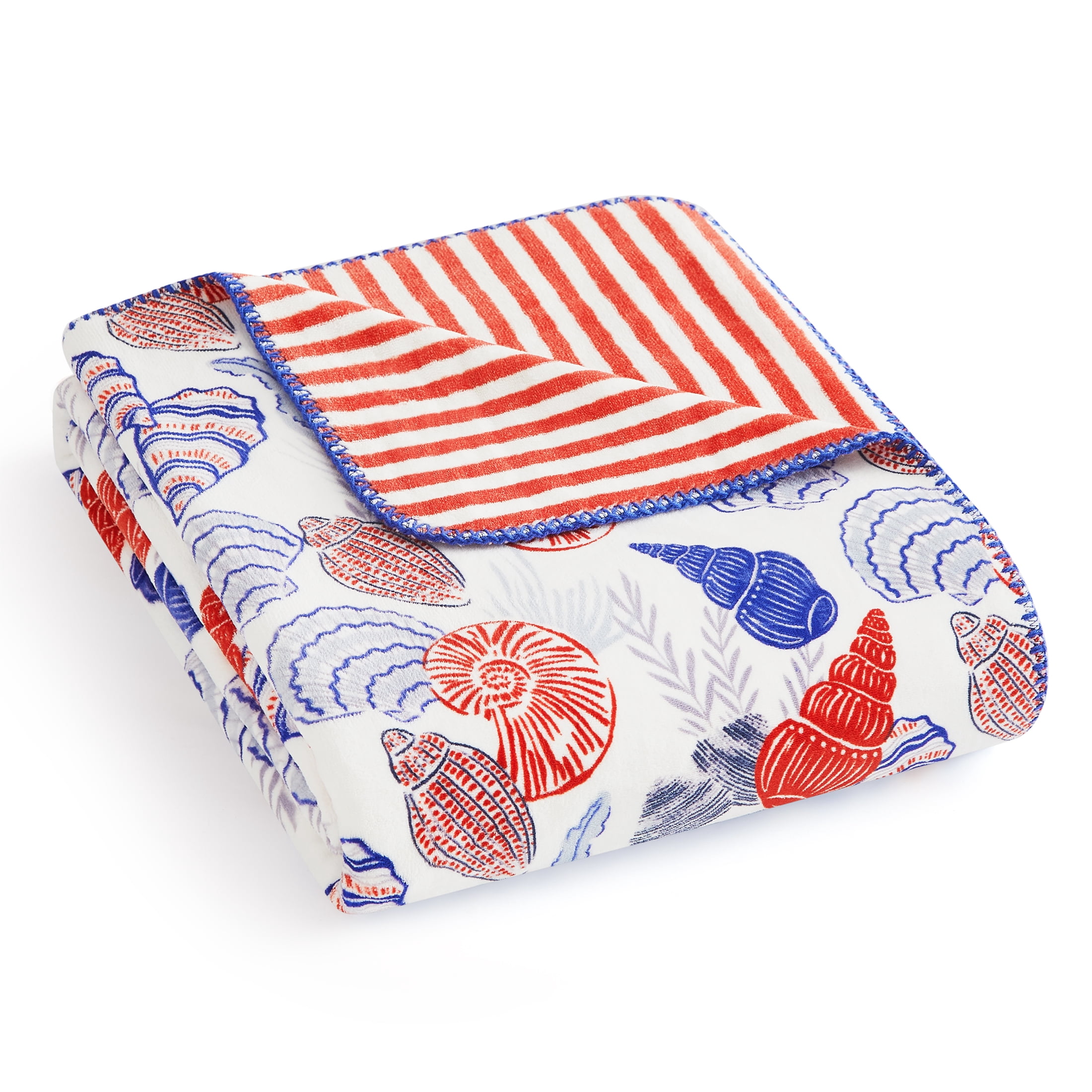 Coastal Living Throw Blanket, Reversible Plush Fleece Blanket for Couch, Blue & Orange Seashells, 50" x 72"