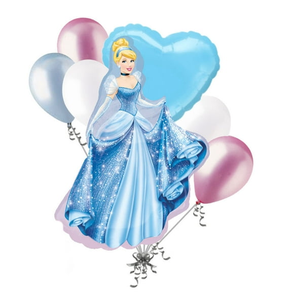 7 pc Cinderella Sparkles Disney Princess Balloon Bouquet Happy Birthday Gown