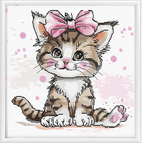 Cute Cartoon Cat with Bow on Ear DIY 11CT Stamped Cross Stitch Kits for Beginners Easy Needlepoint Embroidery Counted Cross Stitch Art Craft for Wall Decoration 14x14inch(4)