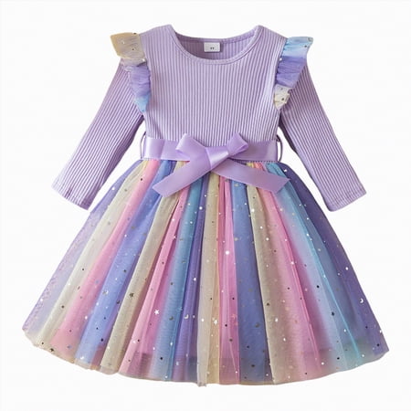 Yindaity Little Girl Dress Girls Dresses Toddler Winter Long Sleeve Party Tulle Dresses(9-12 Months Purple)