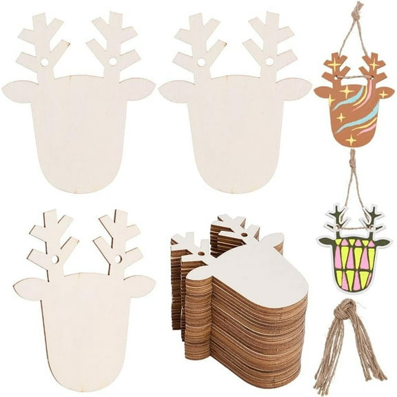 30Pcs Wooden Hanging Ornaments Christmas Wood Deer Head Xmas Unfinished Wooden Hanger Decoration Charms with 30Pcs Jute Twine Embellishments Crafts
