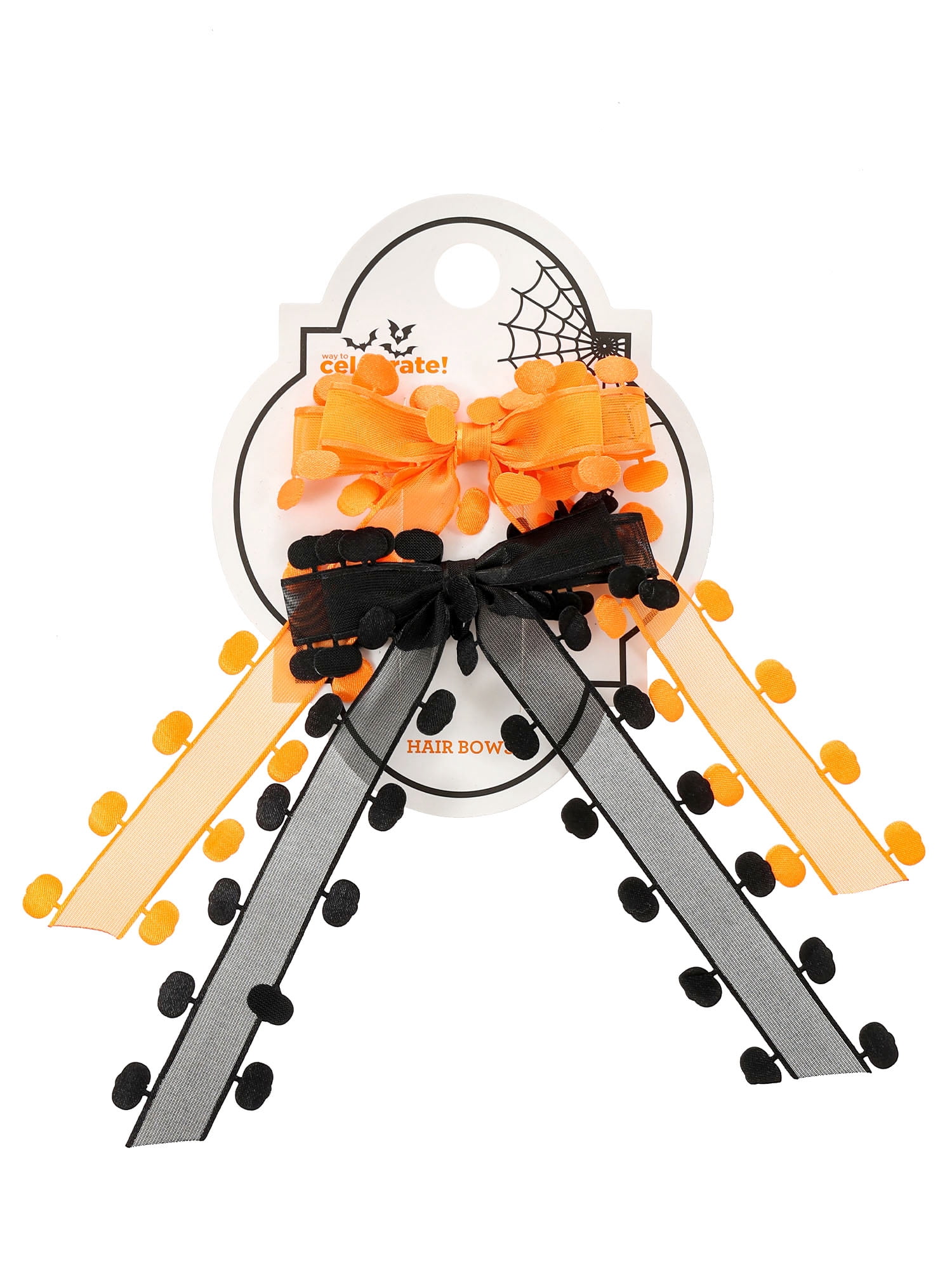 Way to Celebrate Halloween Women's Pumpkin Ribbon Bow Hair Clip Set, Black and Orange, 2 Pieces, Alligator Clip