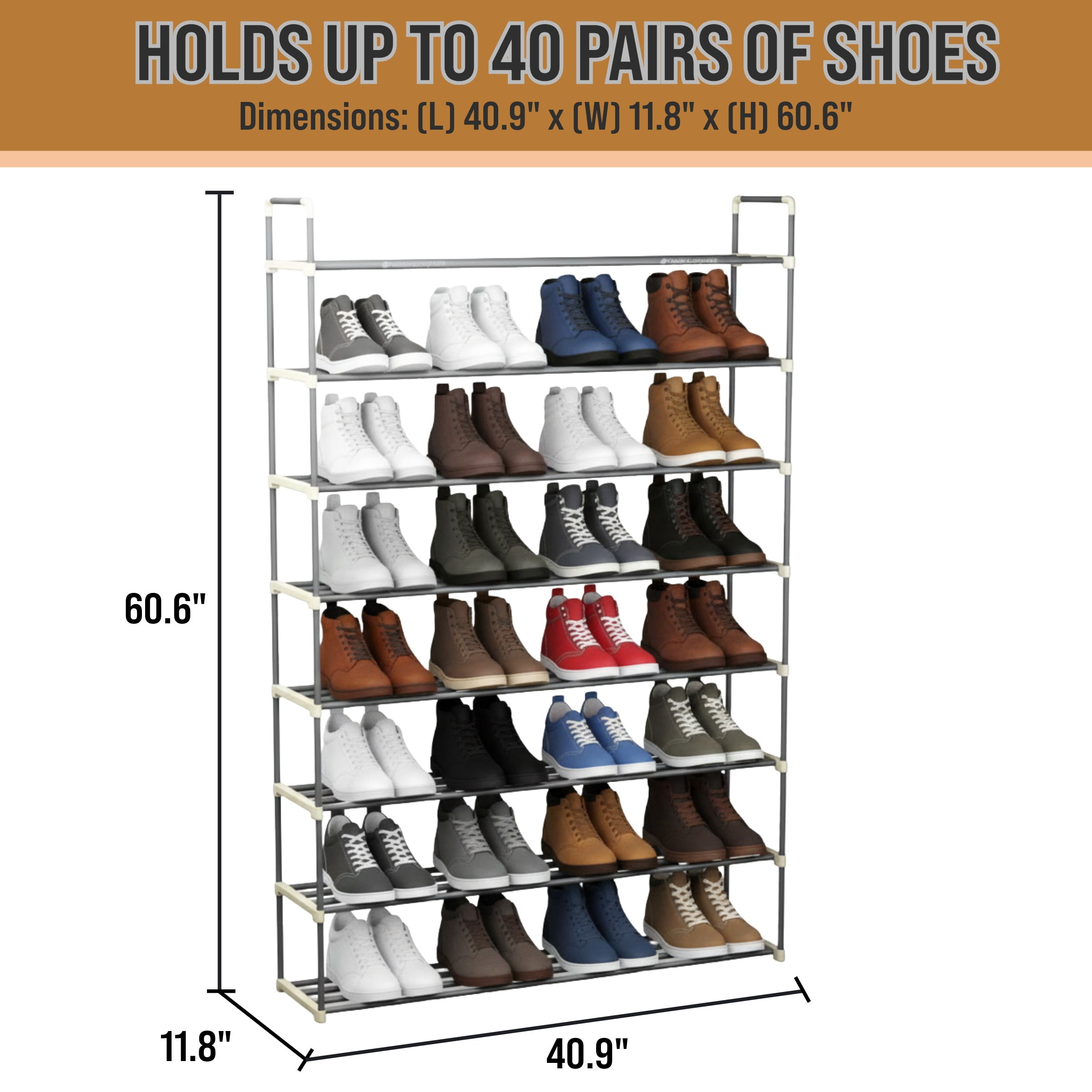 Somerset Home 8-Tier Stackable Shoe Rack Organizer - 40.9"x60.6" Shoe Shelf Organizer for 40 Pairs Sneakers, Heels, Boots (Gray)