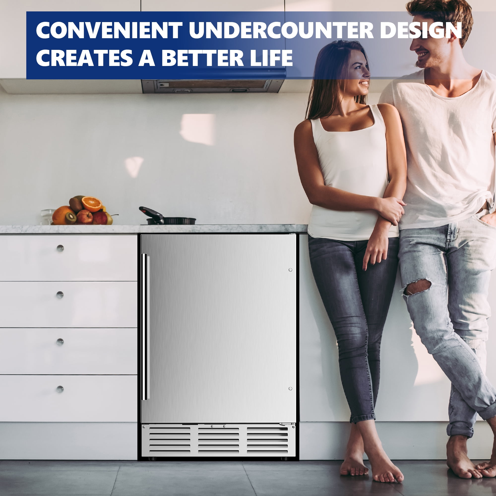 Simzlife 5 Cu.ft. Undercounter Freestanding Stainless Steel Door Beverage Refrigerator, 23.4 in W, 34.25 in H
