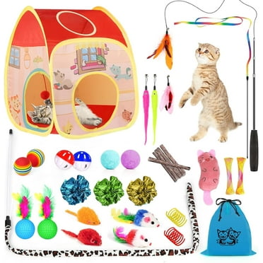 TAIMASI 34Pcs Cat Toys Kitten Toys, Interactive Kitty Toys with Collapsible Cat Tunnels Tent, Cat Wand Catnip Feather Teaser