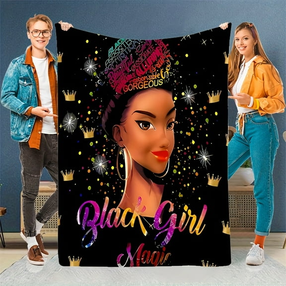 1pc "Black Girl Magic" Inspirational Flannel Throw Blanket - Soft, Warm, and Stylish with Crown & Stars Design - Perfect for Sofa, Bed, Office, and Travel