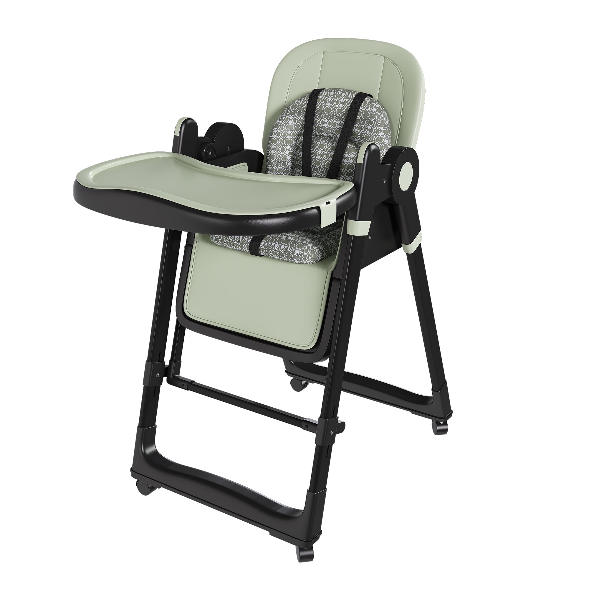 2-in-1 Convertible High Chair Baby Rocker, Foldable Infant Feeding Chair with 5-Point Harness, Lockable Silent Wheels & Detachable 2-Tier Tray for 6 Months–3 Years