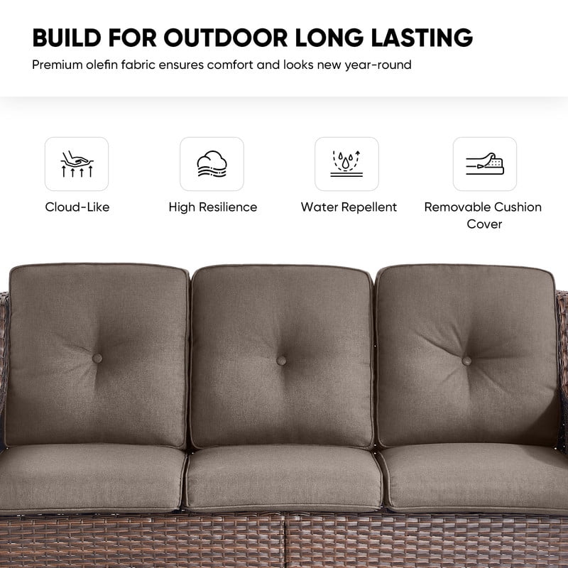 PARKWELL Outdoor Patio Wicker Furniture Set - 5 Piece Sectional Sofa Set with 3-Seat Sofa,2 Chairs and 2 Ottomans,Brown Wicker and Gray Cushion