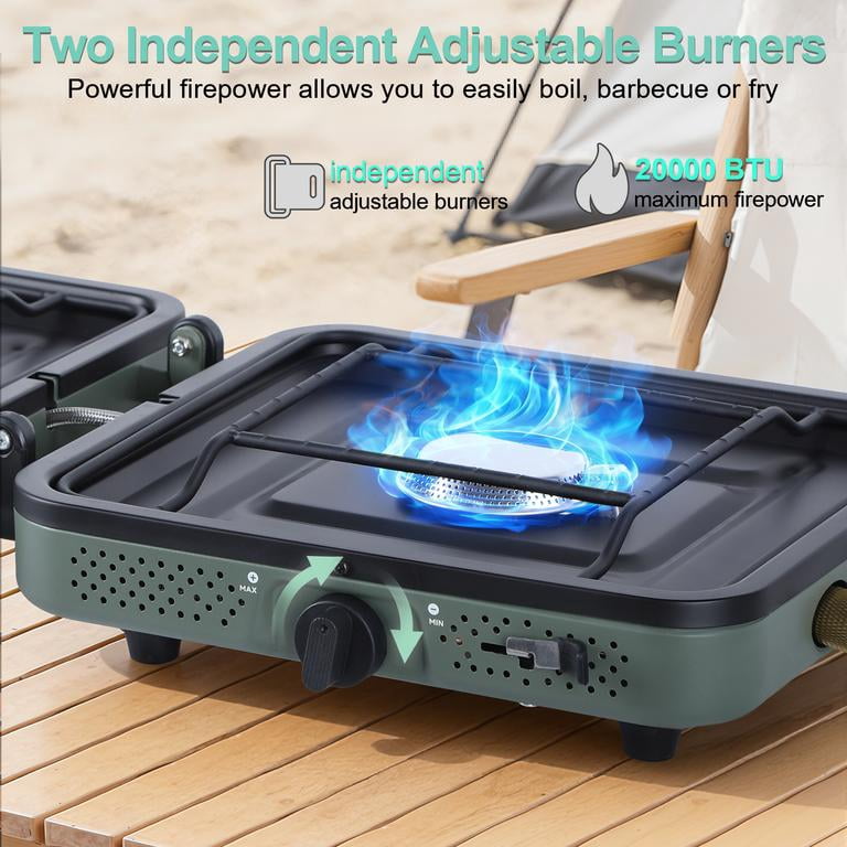 2 Burner Camping Stove with Windshield, 20000 BTU Propane Camp Stove, Portable Folding Gas Stove, Camping Essentials Gear Includes Frying Pan,Carry Bag, Green