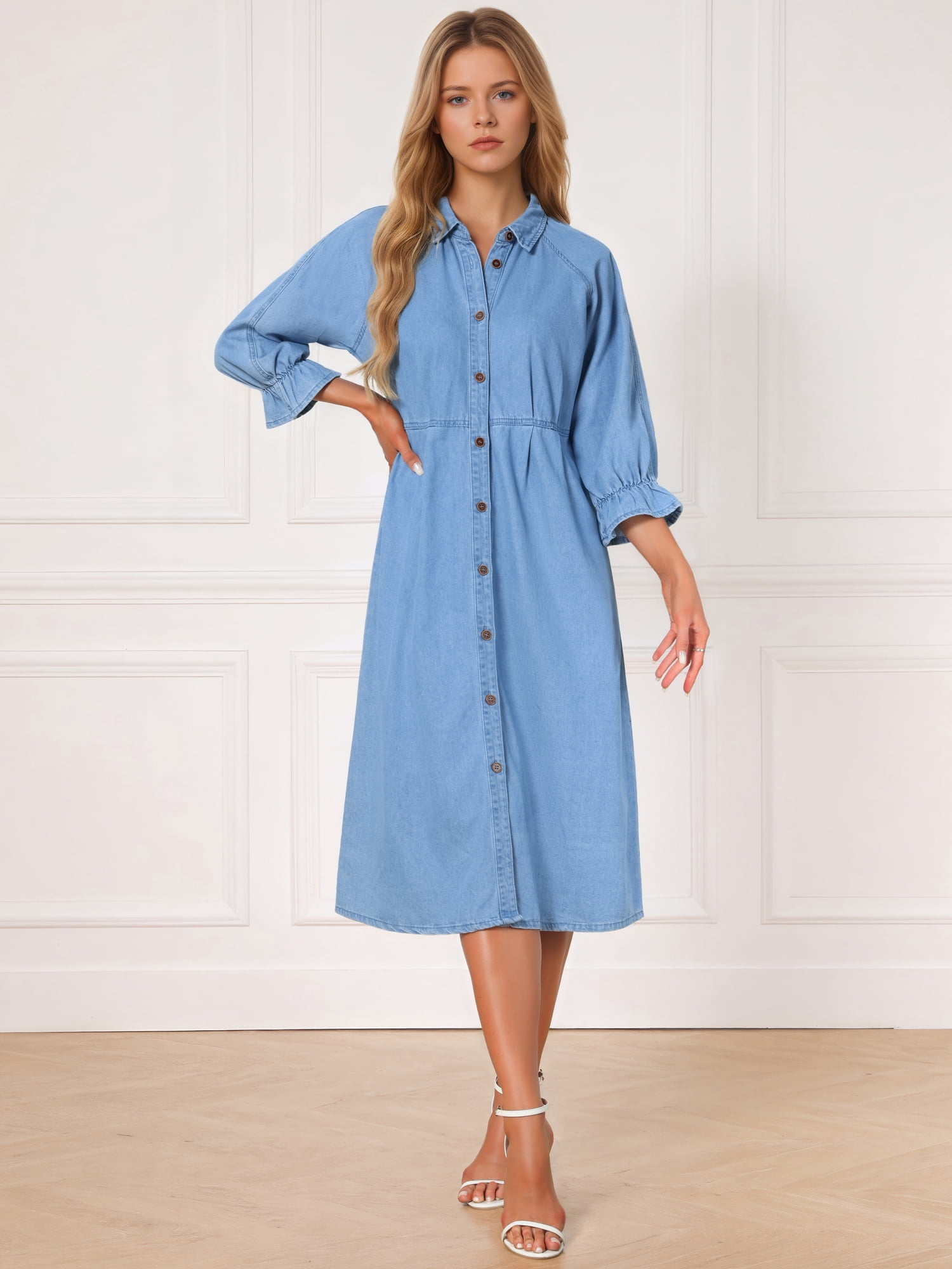 DARING DIVA Women's Collared Ruffle 3/4 Sleeve Jean Button Down Shirt Dress L Light Blue