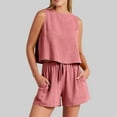 thumbnail image 1 of Birdeem Mode Femme Col Rond Blouse Sans Manches Ample Coton Lin Poches Pantalons Ensembles Chemises, 1 of 12