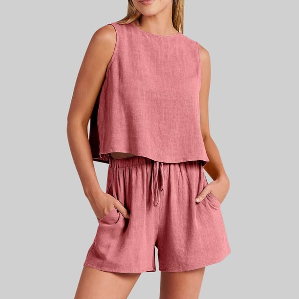 Puntoco moda mujer cuello redondo sólido sin mangas blusa suelta algodón Lino bolsillos pantalones conjuntos liquidación Puntoco Puntoco-350