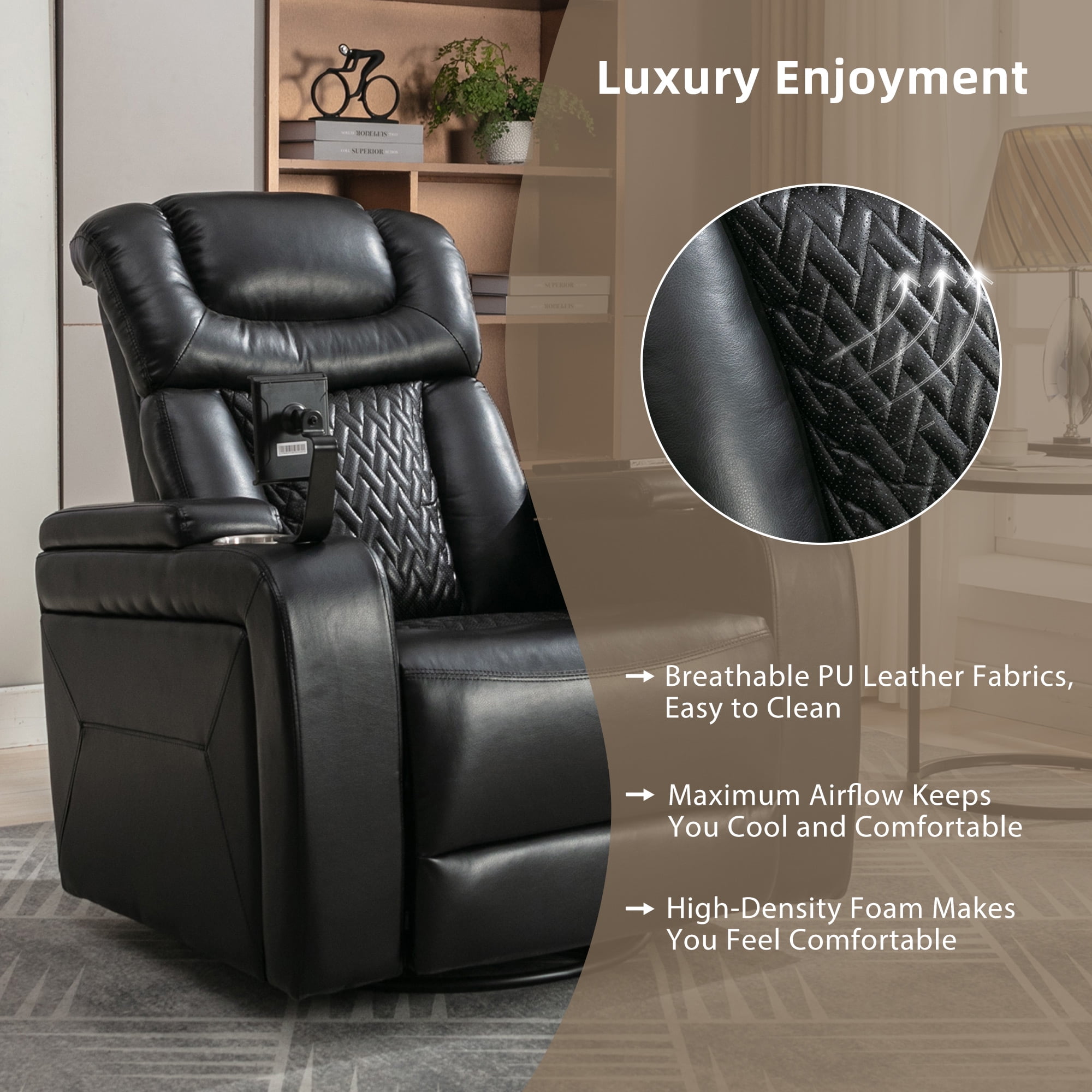 Euroco 270 Degree Swivel PU Leather Power Recliner Individual Seat Home Theater Recliner with Tray Table, Phone Holder, Cup Holder, USB Port, Hidden Arm Storage for Living Room, Black