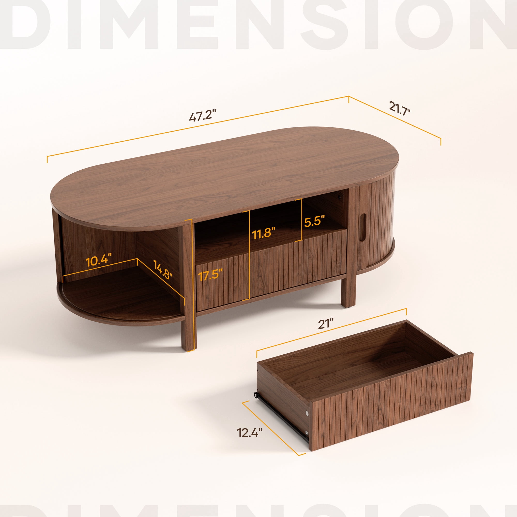 MARNUR Fluted Coffee Table with Storage, Mid Century Modern Center with Sliding Tambour Door for Living Room, Walnut