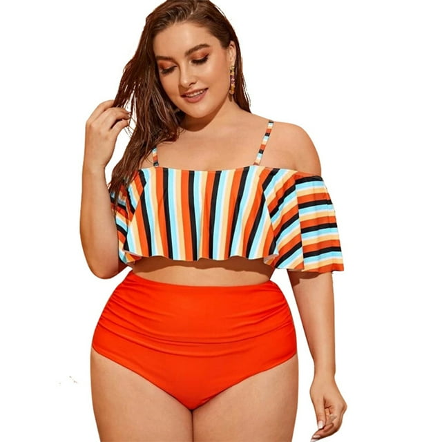 HAWEE Women's 2 Piece Plus Size High Waisted Ruffle Swimsuit Stripe Bathing Suit with Tummy Control Bottom Suits