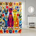 thumbnail image 2 of Manfei Folk Art Cat Shower Curtain 72Wx78L, Vibrant Boho Floral Bath Curtain, Cream Red Blue, 2 of 5