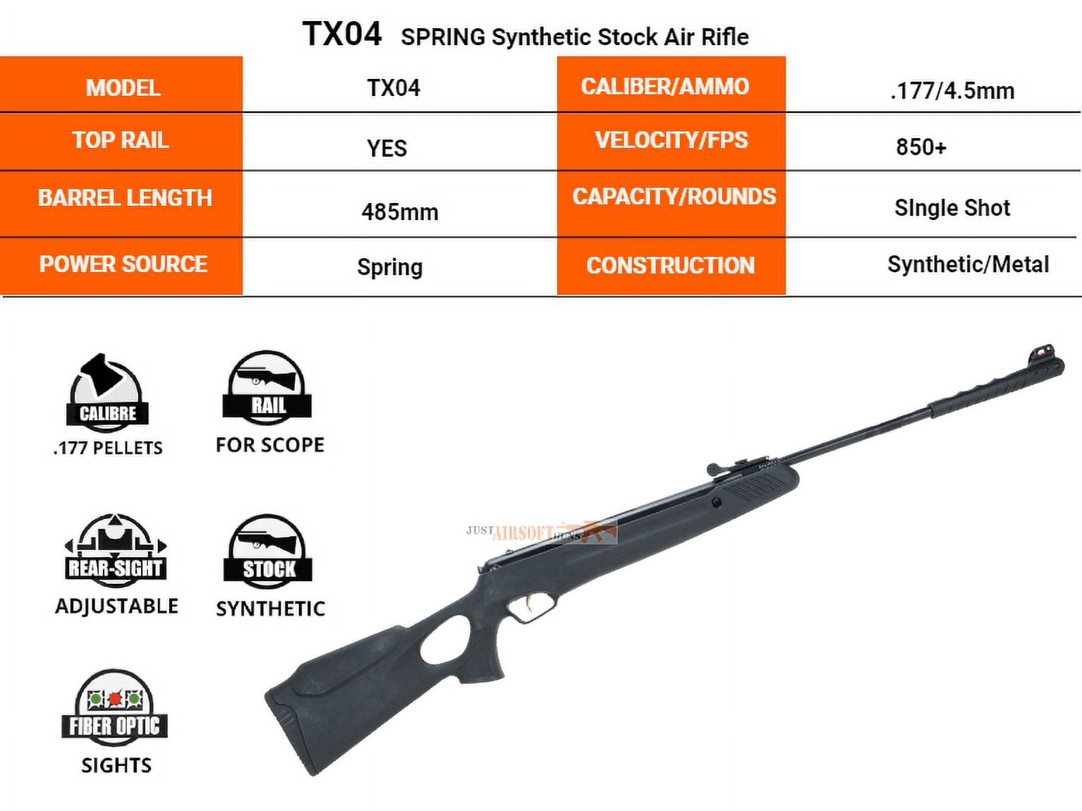 Trimex Arms Air Rifle .177 Cal Pellet Spring Power 485mm Break Barrel 850 Fps 200 RDS 4.5mm Pellet