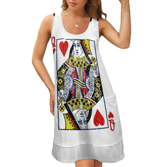 Queen of Hearts Playing Card Sleeveless U-Neck Fake Two Piece Dress summer dress women summer dresses