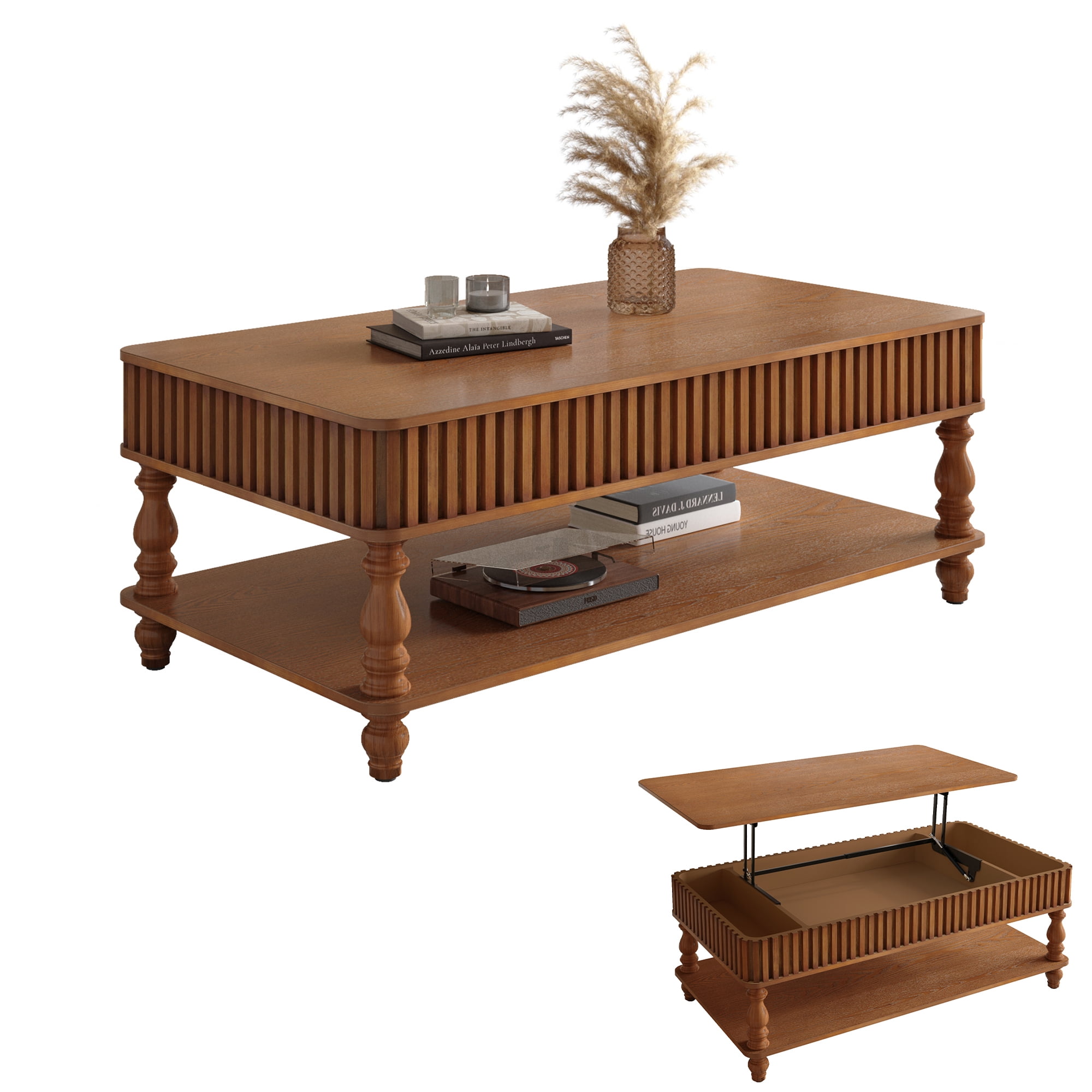 47.24" Lift Top Coffee Table with Hidden Storage and Open Shelf, Solid Wood Center Table with Fluted Design & Roman Column Legs, Tool-Free Assembly for Living Room, Vintage Brown