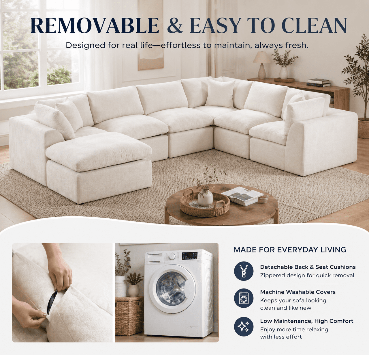 Oversized U-Shaped Sectional Sofa with Ottoman, 7-Seater Modular Chenille Cloud Couch, Deep Seat Frameless Sofa for Living Room, Apartment, Office