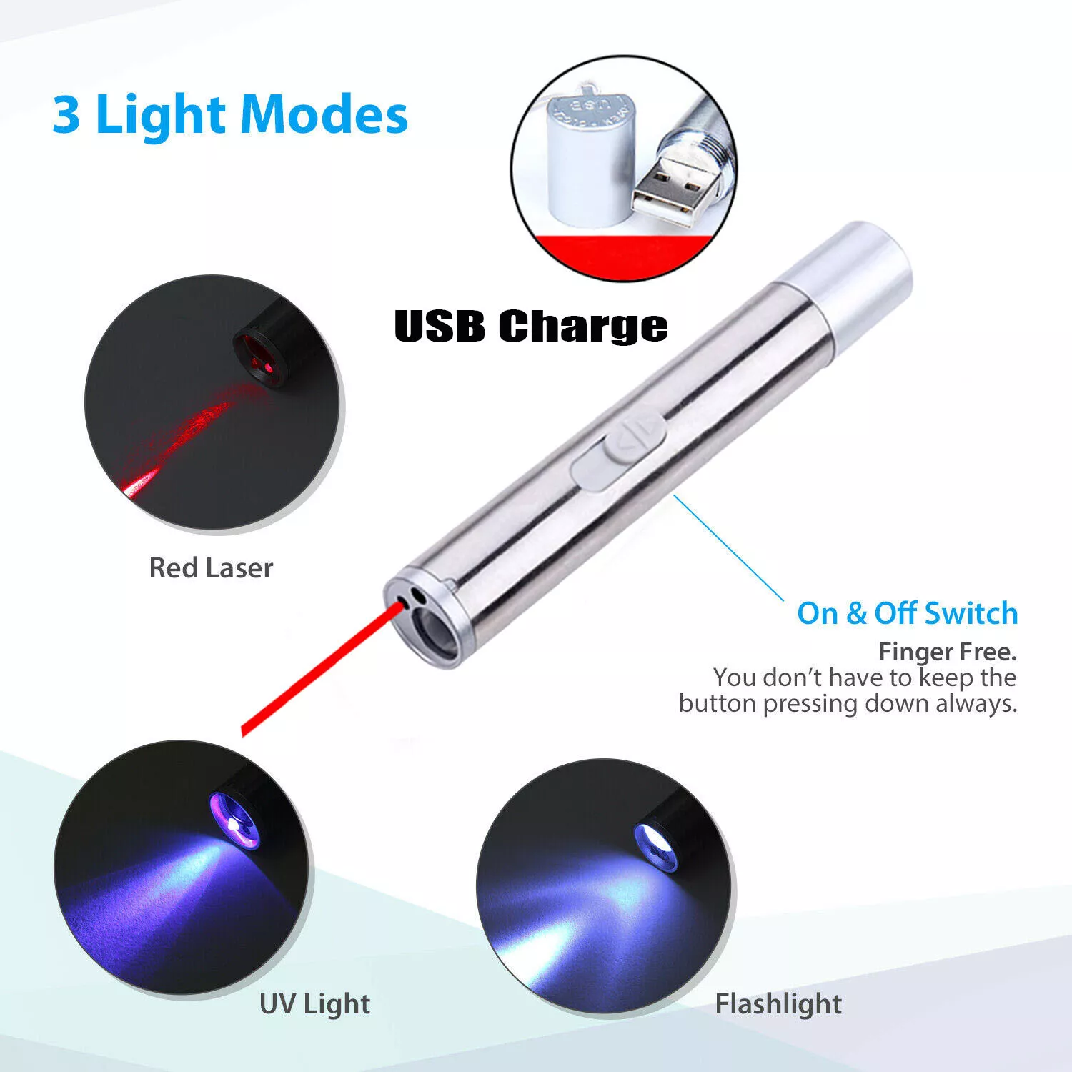 Red Laser Pointer Pen USB Rechargeable Lazer UV Light Flashlight Cat Dog Pet Toy Funny Toy