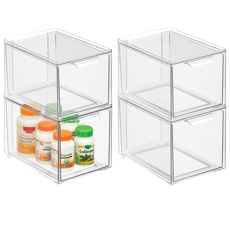 Plastic Stackable Bathroom Storage with Pull Out Bin Organizer Drawer for Cabinet Vanity Shelf Cupboard Cabinet or Closet Organization - Lumiere Collection - 4 Pack - Clear