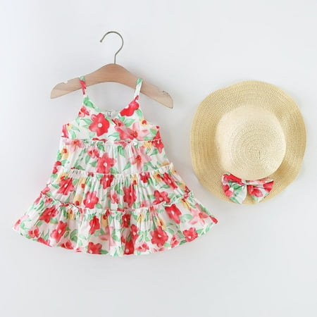 

Dyfzdhu Girls Dress Toddler Girls Sleeveless Beach Dresses Flower Prints Princess Dress Hat Set