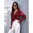 thumbnail image 3 of Women'S Satin Button Down V-Neck Long Sleeve Tops Summer Silk Blouses Fashion Spring Shirt 2025 Wine Red L, 3 of 7