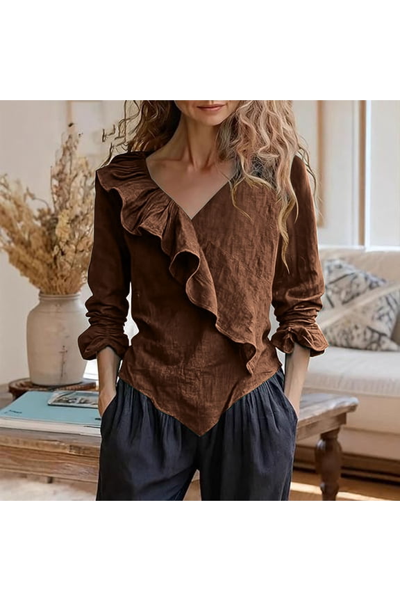 Women's V Neck Flounce Hem Long Sleeve Blouse Casual and Comfortable Style