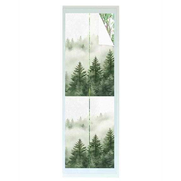 Window Privacy Film Rustic Mist Forest Stained Glass Window Film Decorative Sun Block Window Cover Watercolor Foggy Mountain Landscape Window Clings Static Adhesive Sticker for Bathroom 17.7"x78.7"