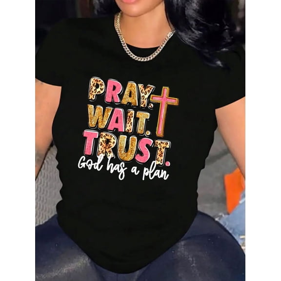 Women’s Pray Wait Trust Leopard Print Cross Christian Graphic Crew Neck Short Sleeve Casual T-Shirt