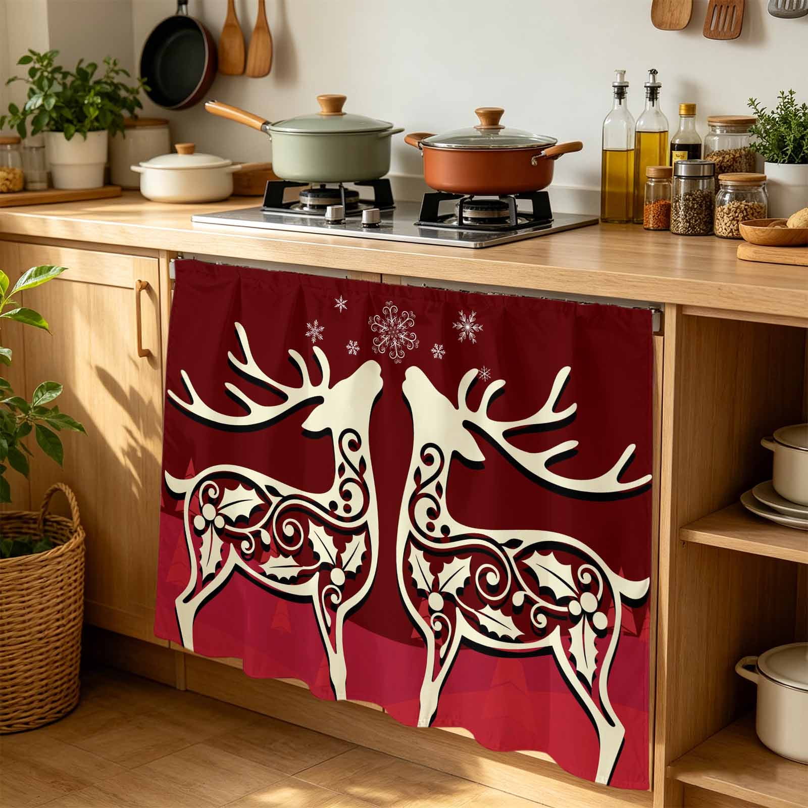 Christmas Elk Cabinet Curtains 35 W x 35 L Xmas Deer Abstract Art Winter Holiday Sink Skirt for Bathroom Vanity Kitchen Self Adhesive Dust-Proof Privacy Curtain for Shelves Closet Laundry Room