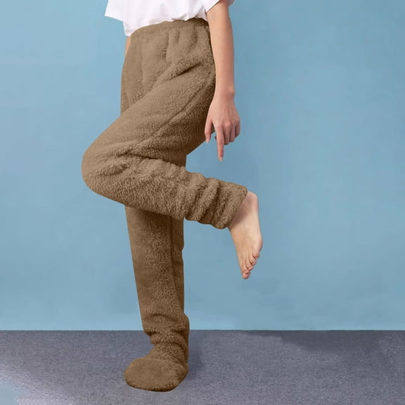 Zylanna Women's Pants with Pockets, Elastic Waist Fleece Lined Solid Color Baggy Winter Pants for Women Khaki