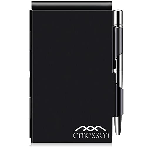 Cuaderno metálico pequeño, mini bloc de notas, bloc de bolsillo en estuche de aluminio con bolígrafo metálico mini y hojas de 60 páginas - Libretas, bloc, negro sólido